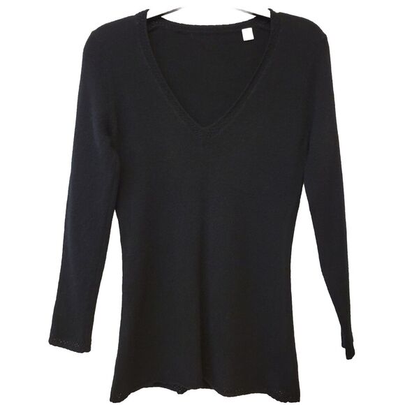 100% Cashmere V-neck Black Azure Finish Long Sleeve Women Sz XS Sweater - Picture 1 of 9